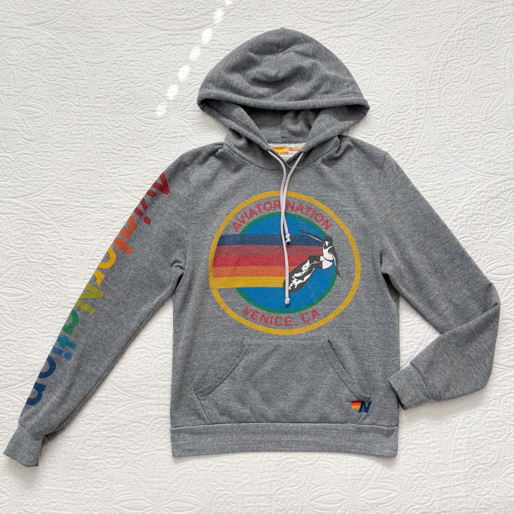 Aviator Nation Relaxed Venice Pullover Hoodie, Heather Grey Sz S